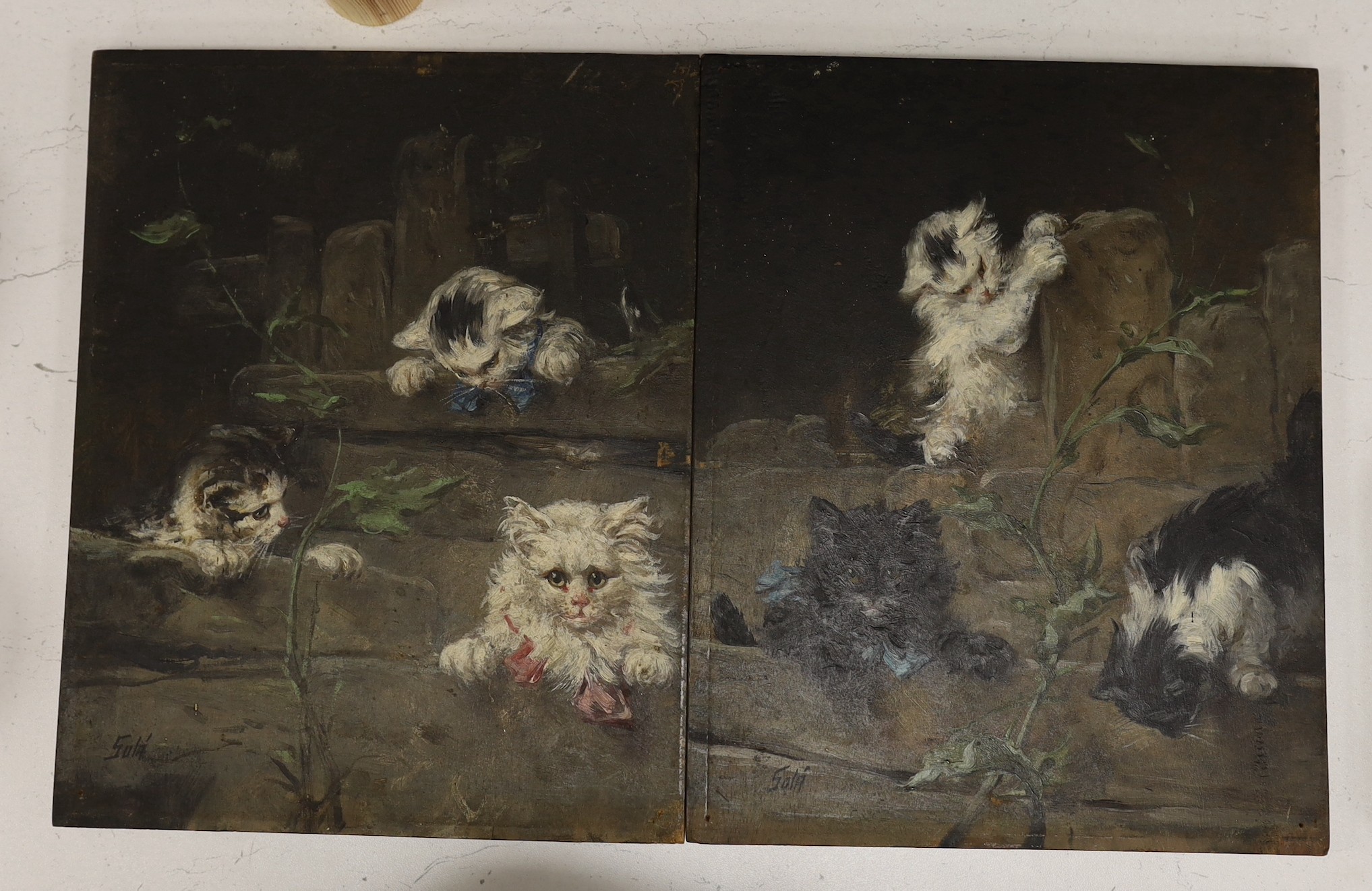 Eduardo Sanchez Sola (Spanish, 1869-1949), pair of oils on wooden panels, Studies of kittens, signed, 27 x 21.5cm, unframed
